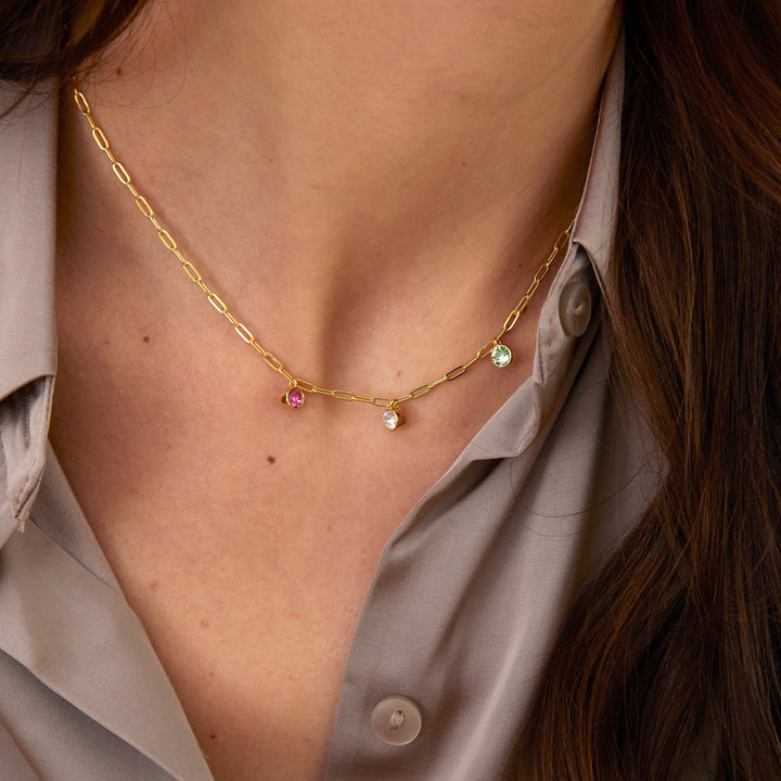 Three Gold Paperclip Chain Birthstone Charm Necklace