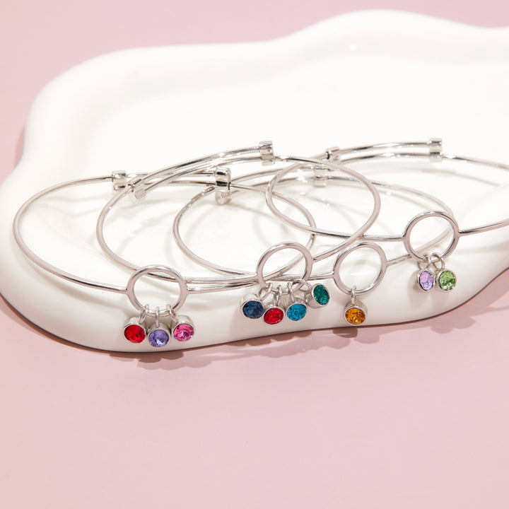 Two Stone Silver Birthstone Charm Bangle Bracelet