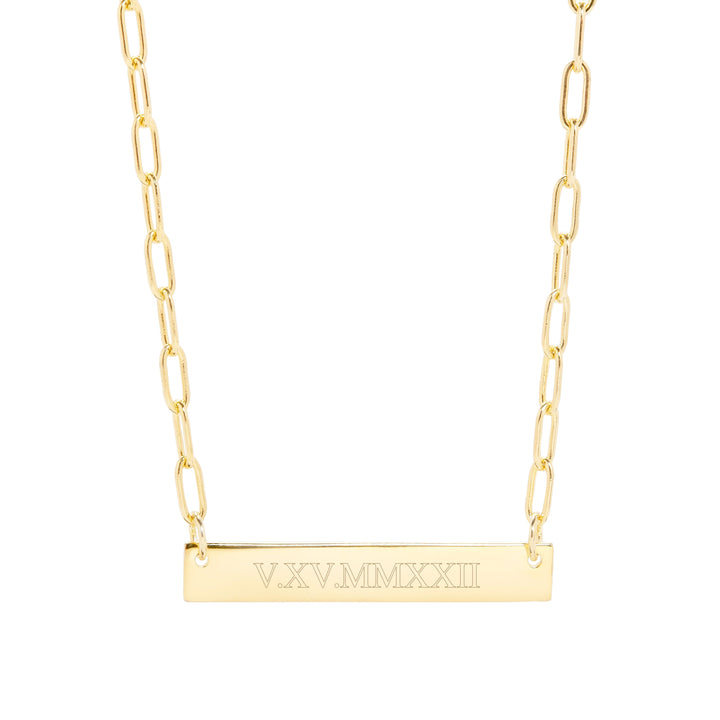 Engravable Paperclip Chain Gold Roman Numeral Bar Necklace