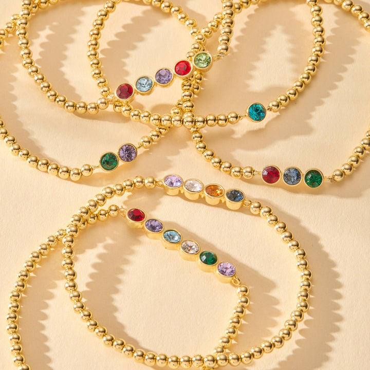 Three Stone Bezel Set Gold Birthstone Bead Bracelet