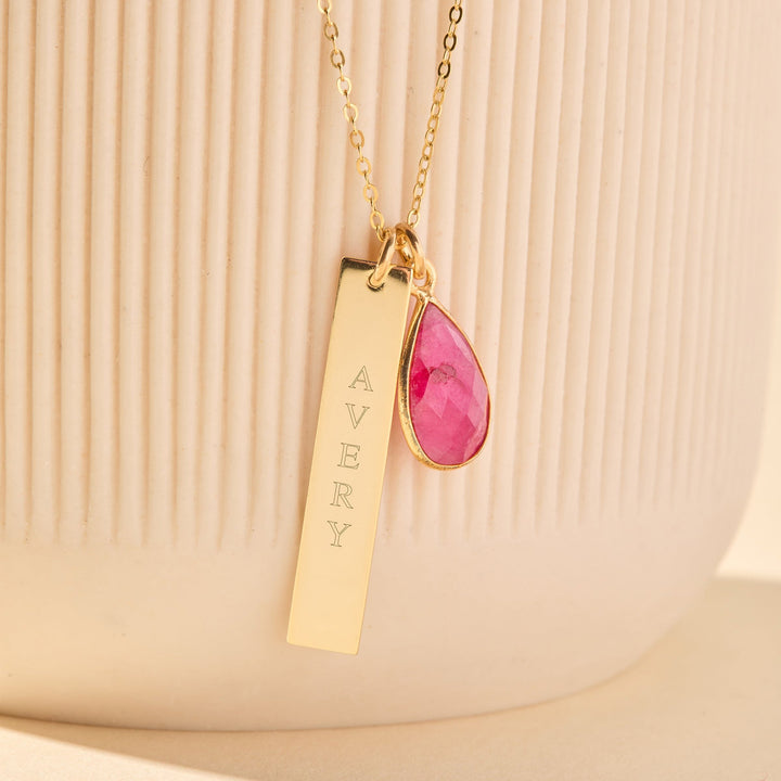 Vertical Gold Name Bar Necklace with Custom Birthstone