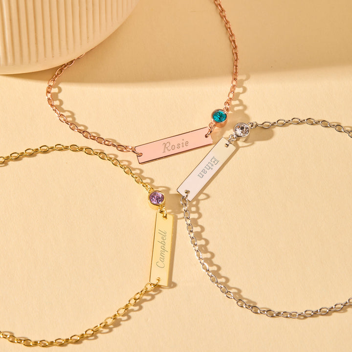 Custom Bezel Set Birthstone Name Bar Bracelet