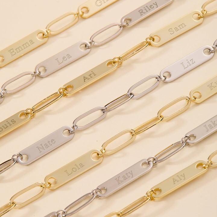 Gold Plated Paperclip Chain Engravable Three Name Bar Bracelet