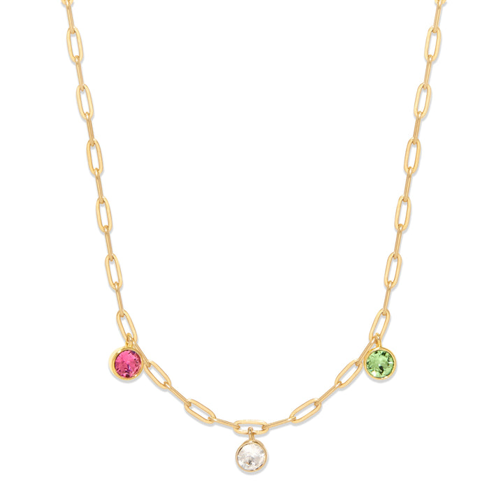 Three Gold Paperclip Chain Birthstone Charm Necklace