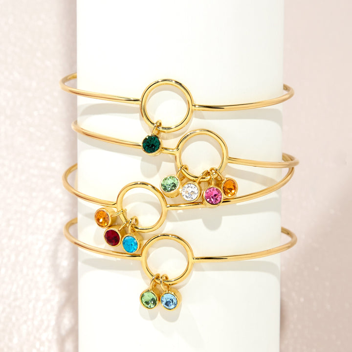 Three Stone Gold Birthstone Charm Bangle Bracelet