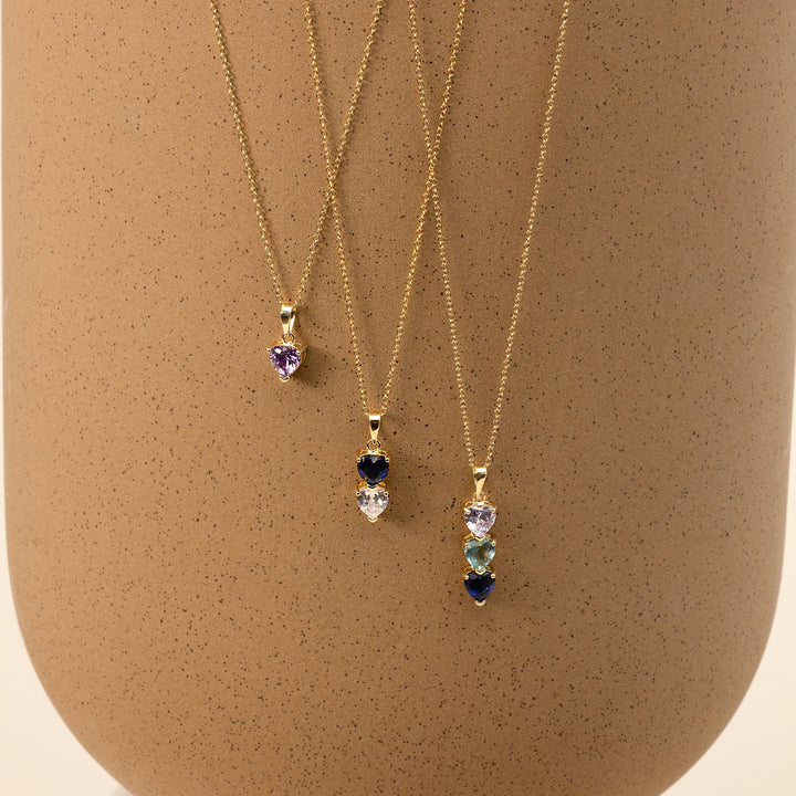 3 Stone Custom Heart Birthstone Drop Gold Necklace