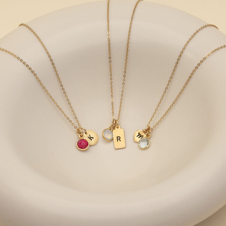 Hand Stamped Gold Rectangle Mini Initial Birthstone Necklace