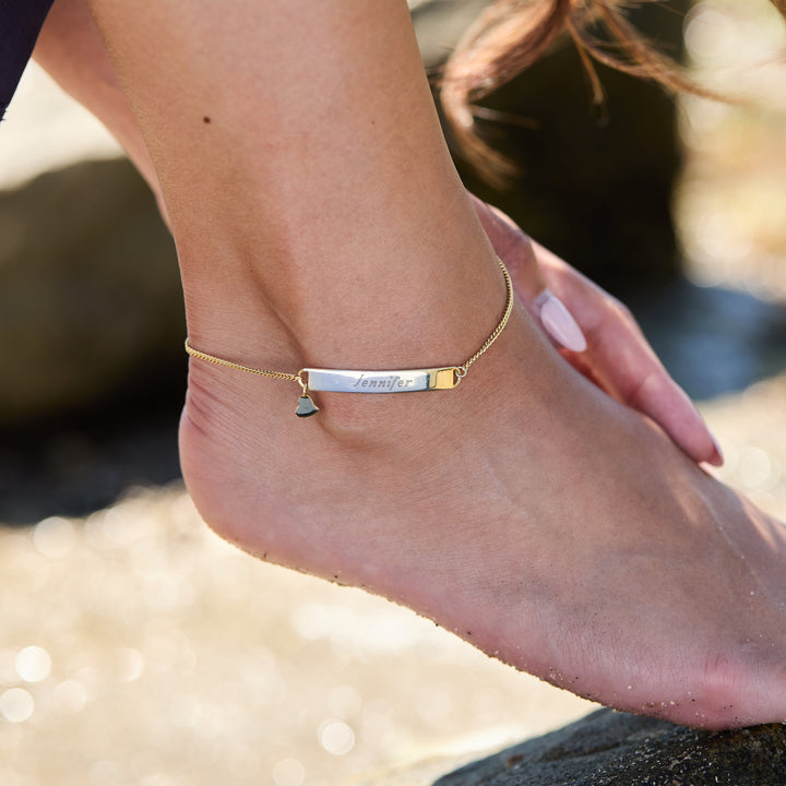 Engravable Name Bar Gold Anklet with Heart Charm
