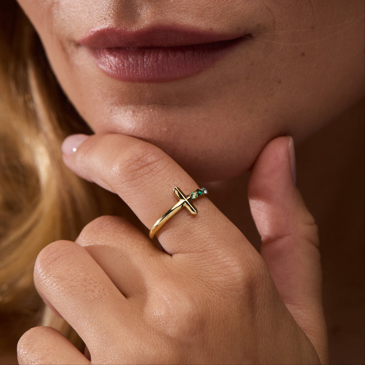Custom Cross Birthstone Ring