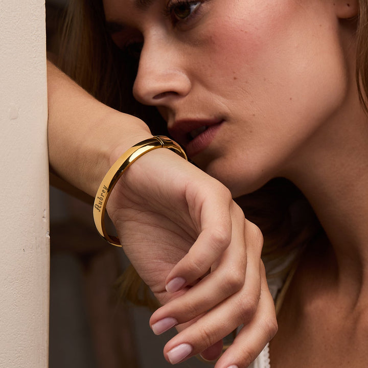 Gold Engraved Oval Bangle Bracelet