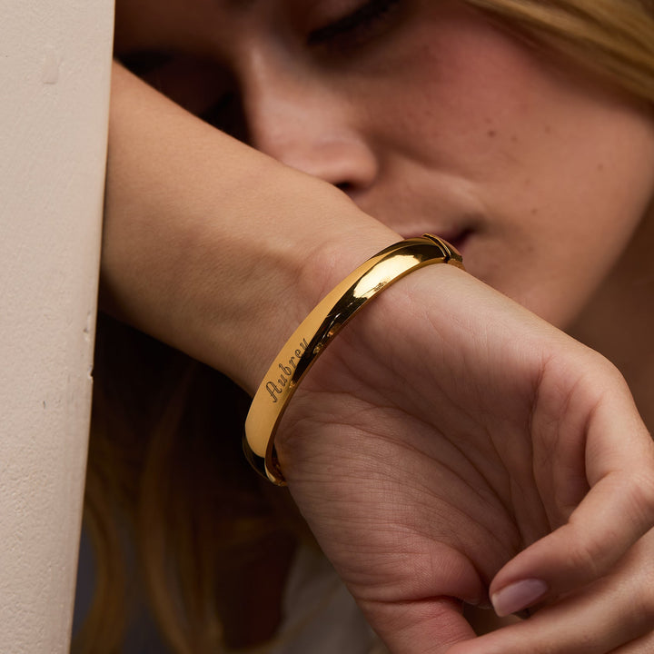 Gold Engraved Oval Bangle Bracelet