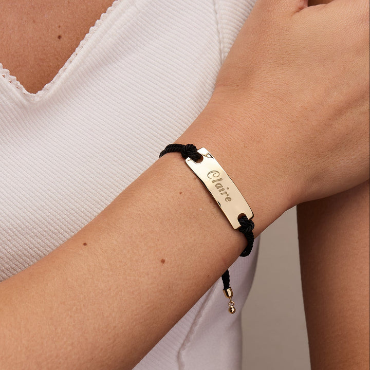 Engravable Bar Black Rope Bolo Bracelet