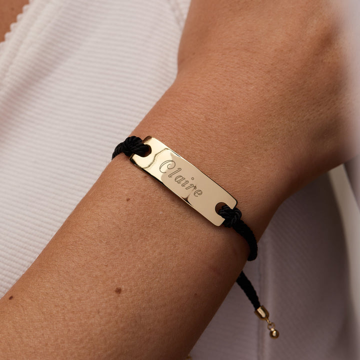 Engravable Bar Black Rope Bolo Bracelet