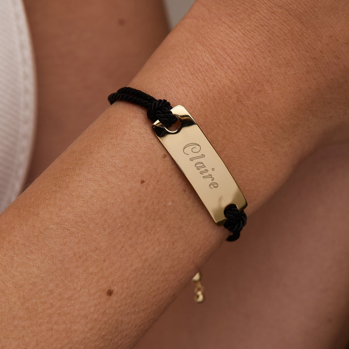 Engravable Bar Black Rope Bolo Bracelet