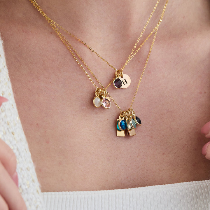 Hand Stamped Gold Mini Initial Custom Birthstone Necklace