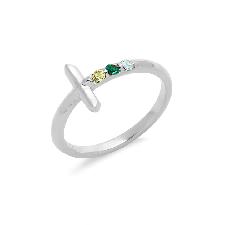 3 Stone Silver Cross Birthstone Ring