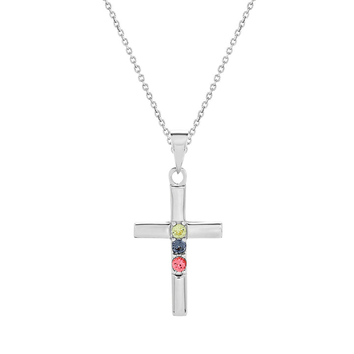 3 Stone Silver Cross Birthstone Pendant