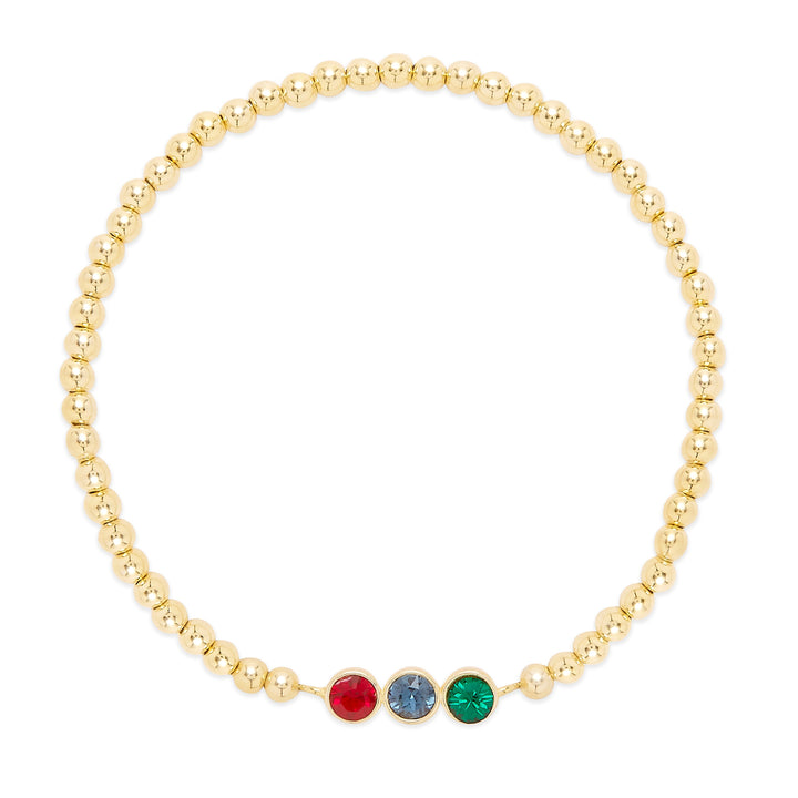 Three Stone Bezel Set Gold Birthstone Bead Bracelet