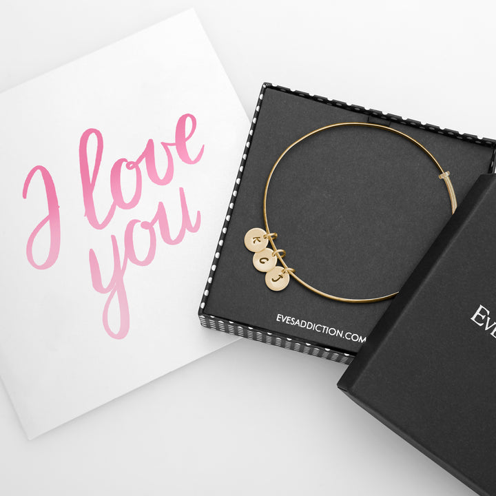 Hand Stamped Mini Three Initial Gold Bangle Bracelet