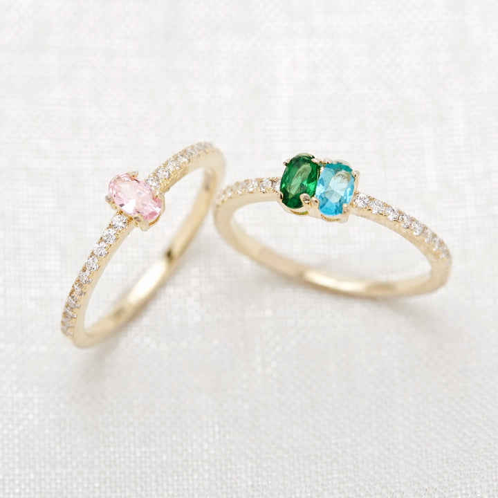 Two Stone Oval Birthstone Pave Band Gold Ring