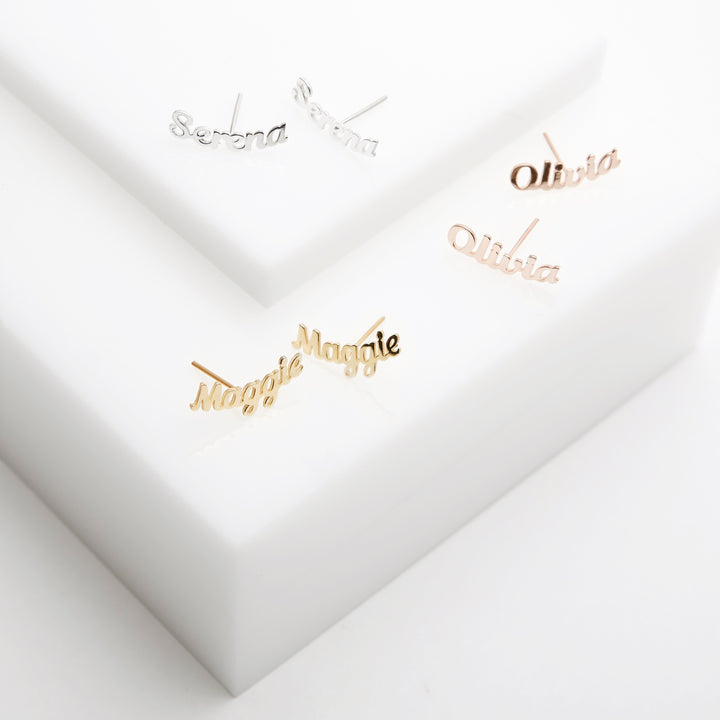 Magnolia Script Rose Gold Curved Name Earrings