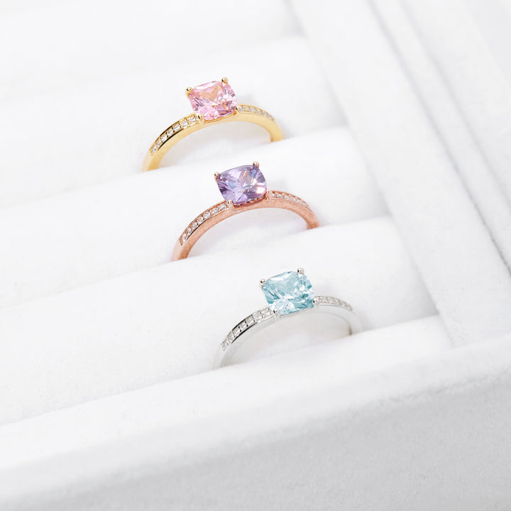 Cushion Cut Birthstone Pave Band Rose Gold Ring