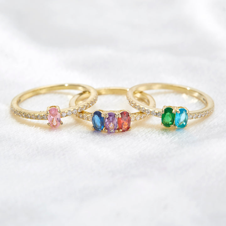 Two Stone Oval Birthstone Pave Band Gold Ring