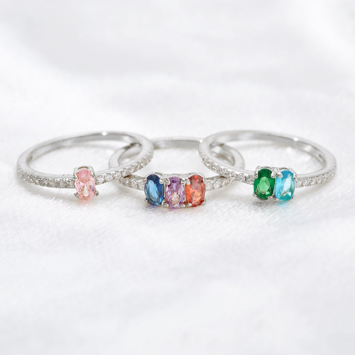 Two Stone Oval Birthstone Pave Band Silver Ring