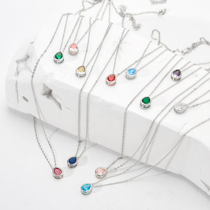 Sterling Silver January Pear Cut Bezel Birthstone Necklace