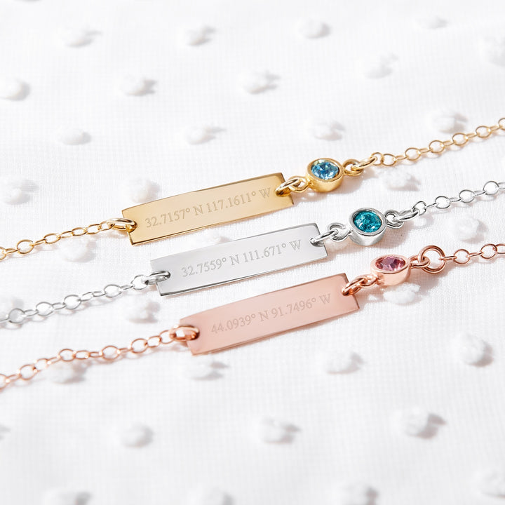 Custom Coordinate Bezel Set Birthstone Gold Name Bar Bracelet