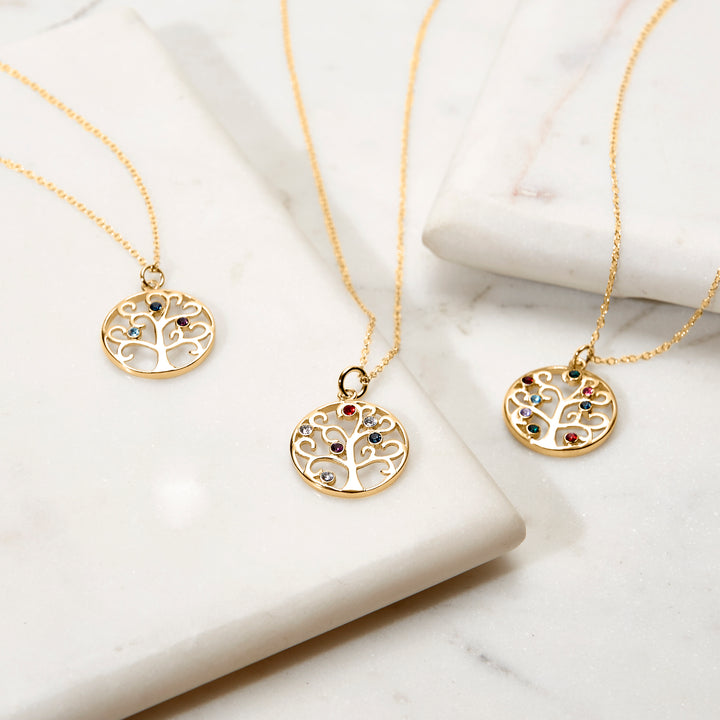 6 Stone Gold Crystal Birthstone Family Tree Pendant