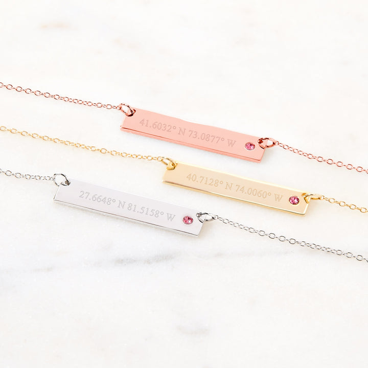 Custom Coordinate Rose Gold Birthstone Bar Necklace