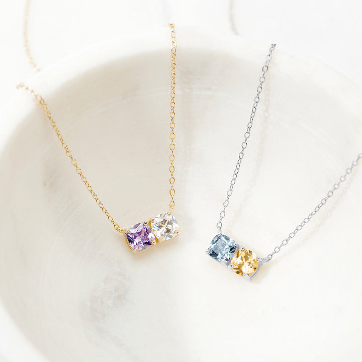 2 Stone Gold Cushion Cut Birthstone Necklace