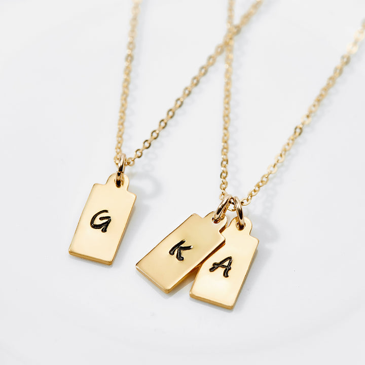 Hand Stamped Gold Double Rectangle Tag Mini Initial Necklace