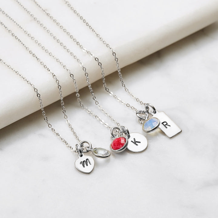 Hand Stamped Silver Rectangle Mini Initial Birthstone Necklace