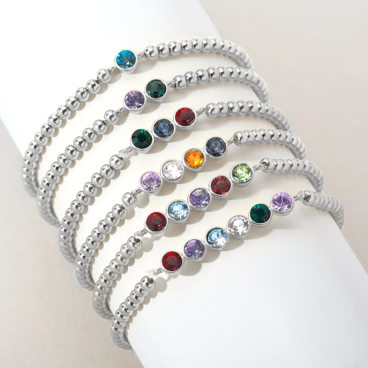 Three Stone Bezel Set Birthstone Bead Bracelet