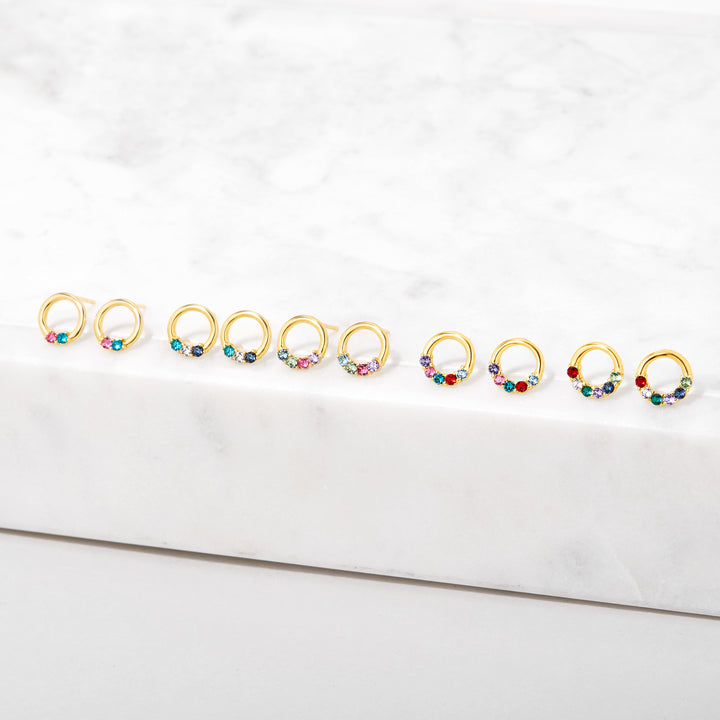 3 Stone Gold Eternity Circle Birthstone Earrings