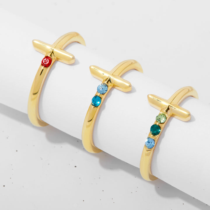 2 Stone Gold Cross Birthstone Ring