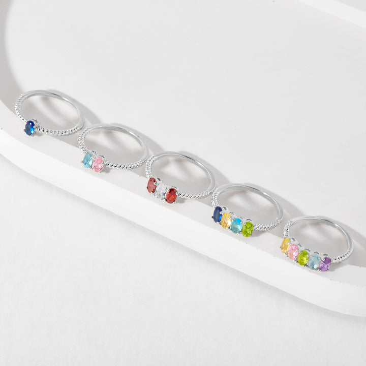 Two Stone Oval Birthstone Silver Twisted Rope Ring