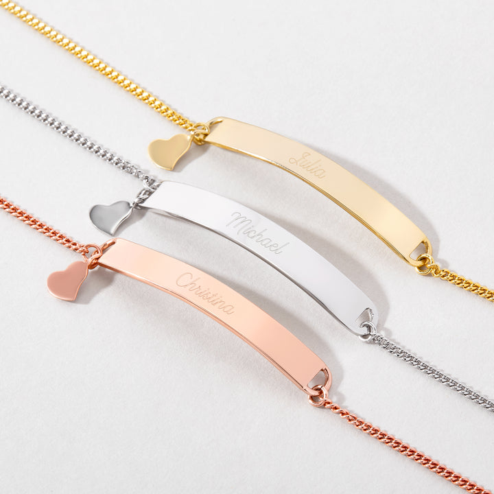 Engravable Name Bar Gold Anklet with Heart Charm
