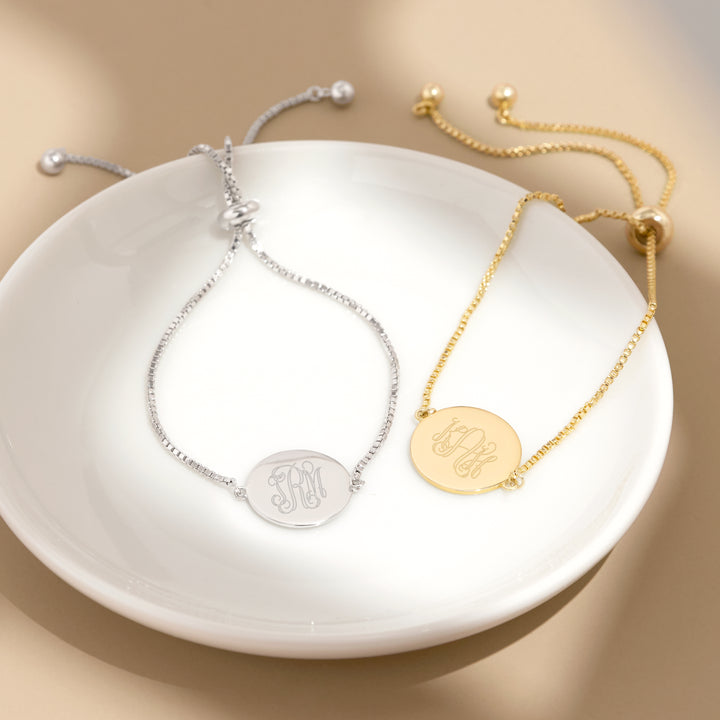 Engravable Monogram Gold Disc Bolo Bracelet