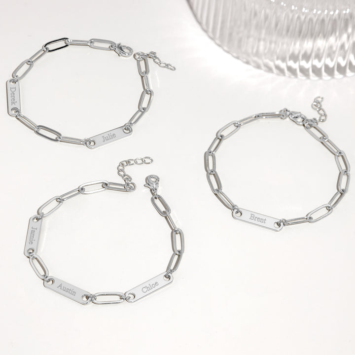 Sterling Silver Paperclip Chain Engravable Three Name Bar Bracelet