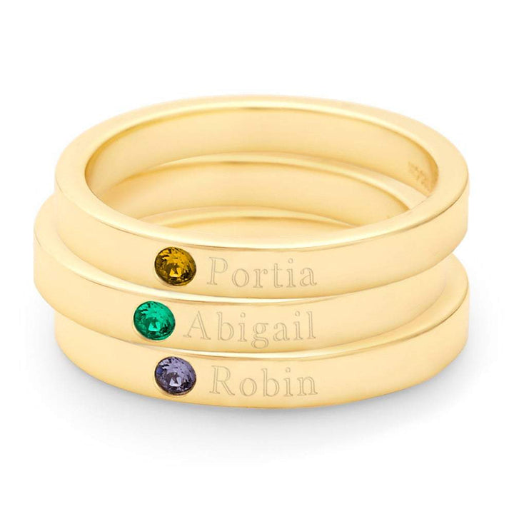 Custom Birthstone Three Gold Stacking Name Rings