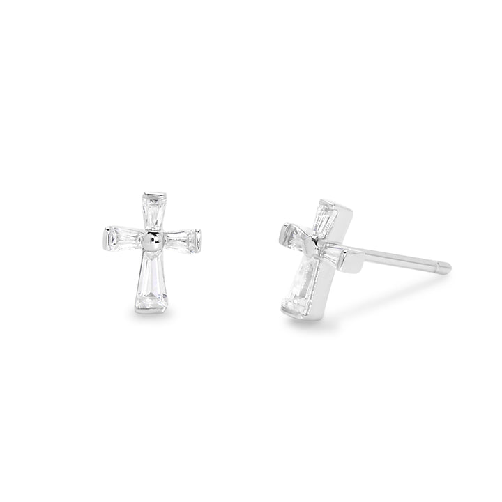 Sterling Silver Baguette CZ Cross Stud Earrings