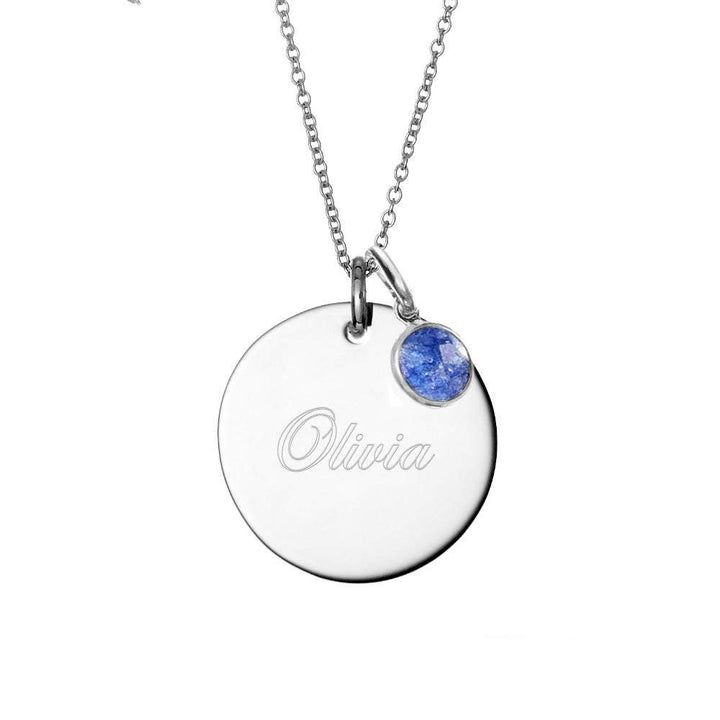 Dangling Birthstone Engravable Silver Round Tag Pendant