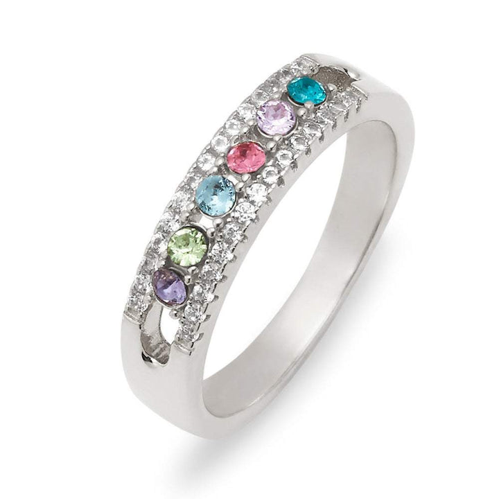 Six Stone Birthstone CZ Silver Ring