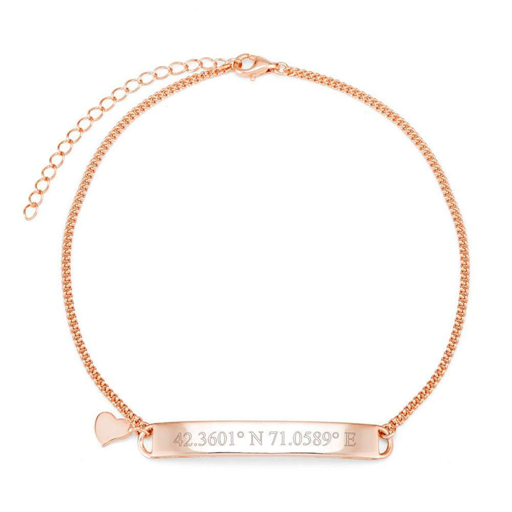 Custom Coordinate Name Bar Rose Gold Anklet with Heart Charm