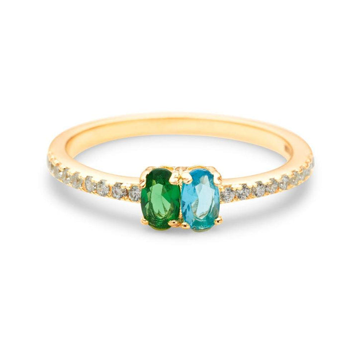 Two Stone Oval Birthstone Pave Band Gold Ring