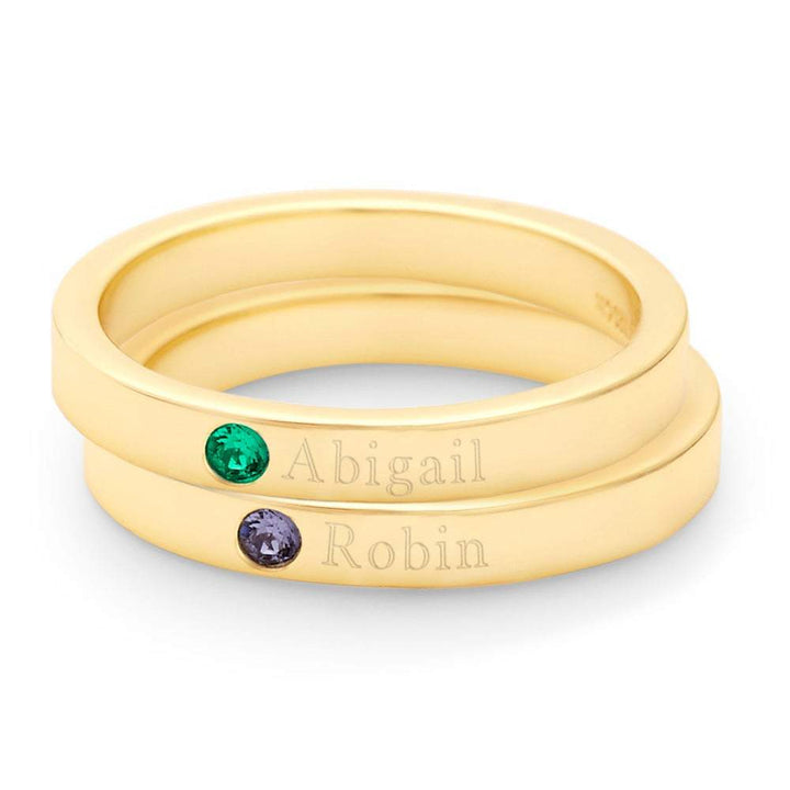 Custom Birthstone Two Gold Stacking Name Rings