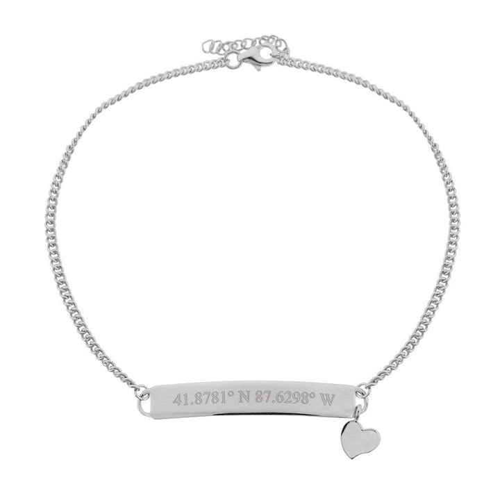 Custom Coordinate Silver Name Bar Anklet with Heart Charm